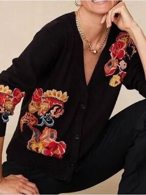 Chicos Black Embroidered V-Neck Cardigan Sweater - Floral Accent